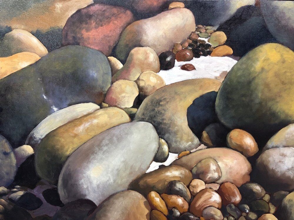oil painting of rocks and pebbles on sand done by Efren Gonzalez. 